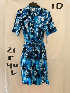 DKNY Blue, White and Black Floral Midi Shirt Dress
